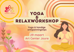 tekst yoga & relaxworkshop met vrouwenfiguur, bloemen en strepen