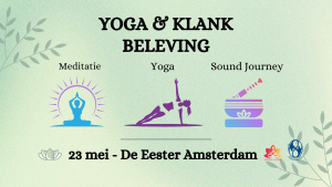 Tekst yoga en klank beleving met groene achtergrond en symbolen voor yoga, meditatie en soundhealing