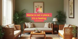 Huiskamer met quote: home is not a place. It's a feeling
